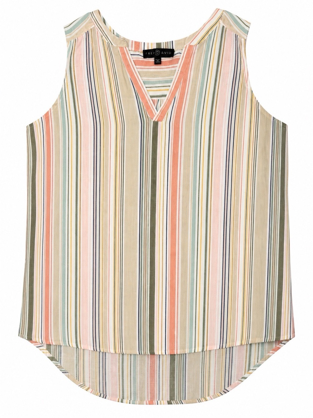Fred David Striped Sleeveless V-Neck Tank in Peach, Sage, Cream and Blue